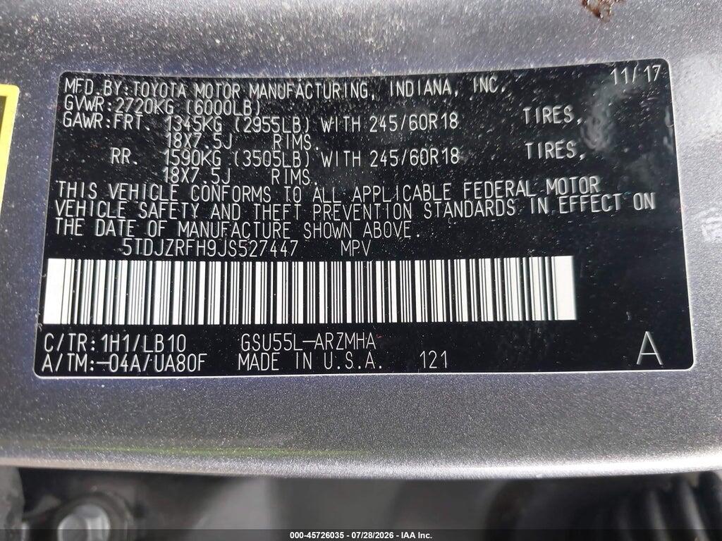 5TDJZRFH9JS527447 2018 TOYOTA HIGHLANDER photo no. 9