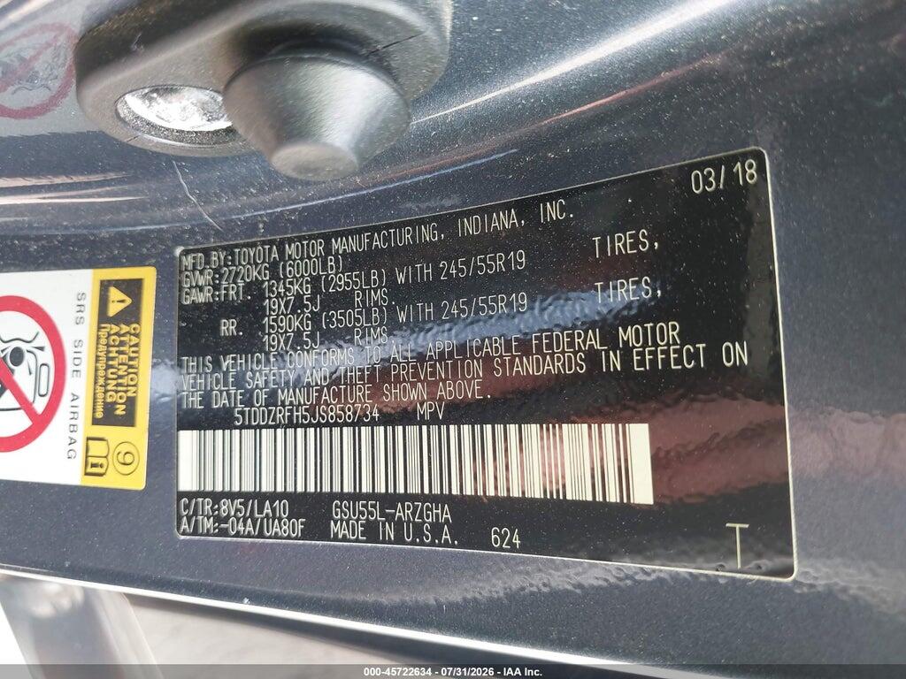 5TDDZRFH5JS858734 2018 TOYOTA HIGHLANDER photo no. 9