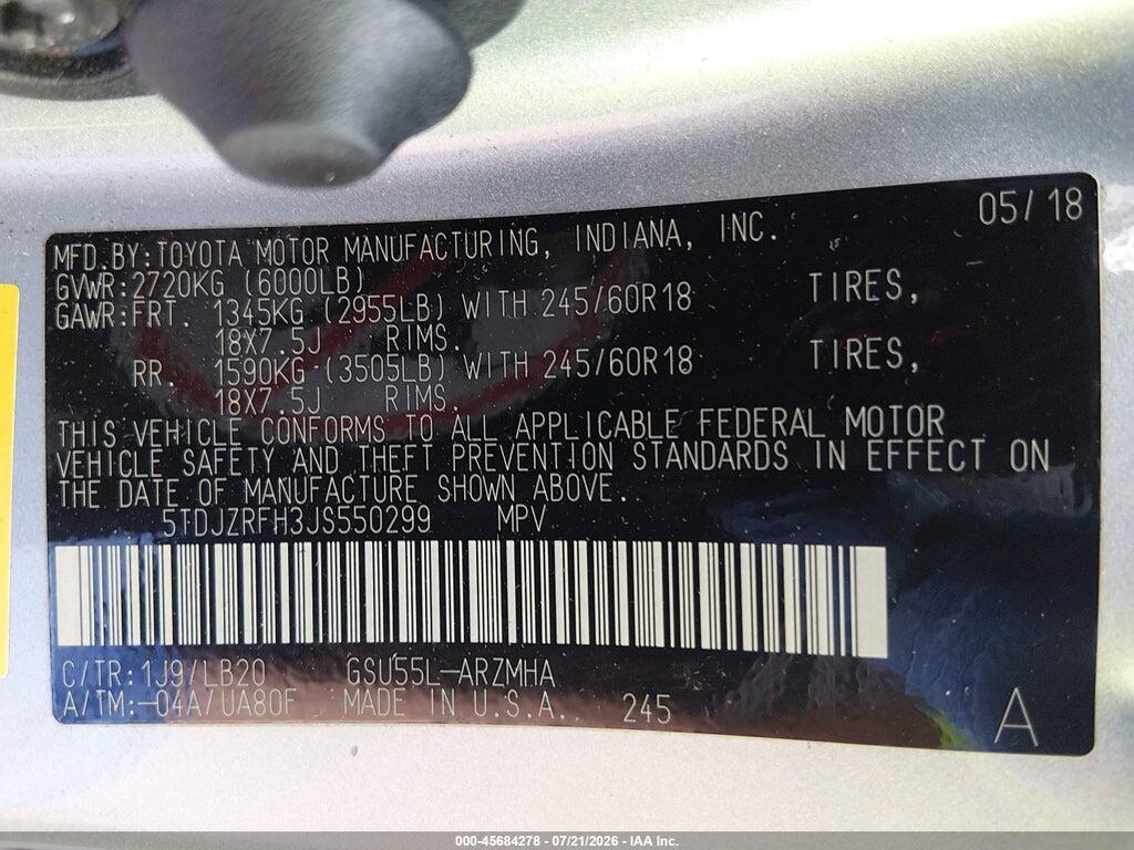 5TDJZRFH3JS550299 2018 TOYOTA HIGHLANDER photo no. 9