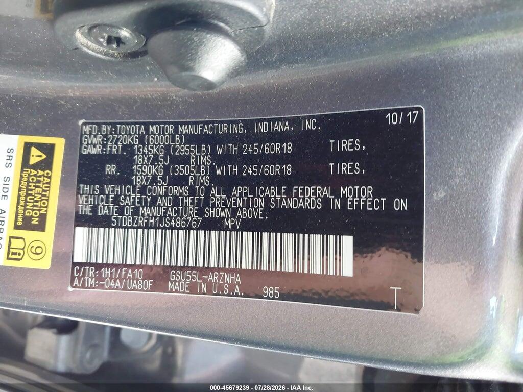 5TDBZRFH1JS486767 2018 TOYOTA HIGHLANDER photo no. 9