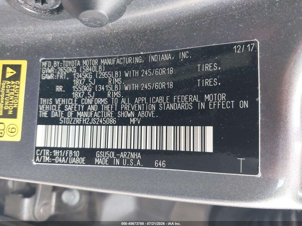 5TDZZRFH2JS245086 2018 TOYOTA HIGHLANDER photo no. 9