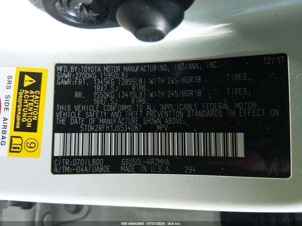 5TDKZRFH1JS534087 2018 TOYOTA HIGHLANDER photo no. 9