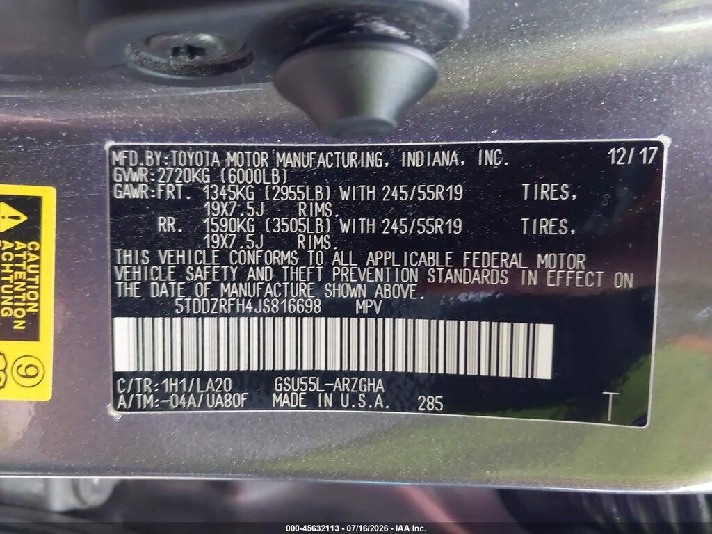5TDDZRFH4JS816698 2018 TOYOTA HIGHLANDER photo no. 9