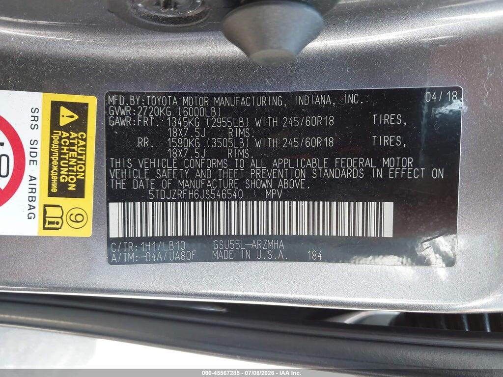 5TDJZRFH6JS546540 2018 TOYOTA HIGHLANDER photo no. 9