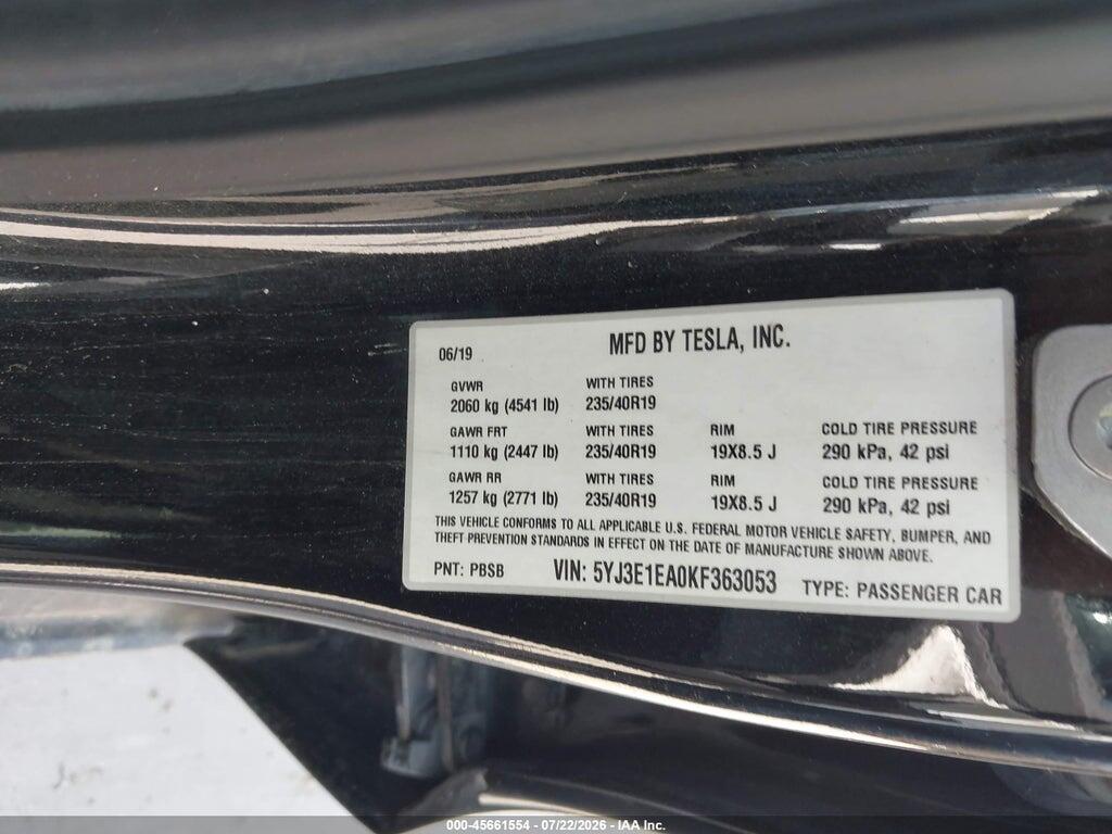 5YJ3E1EA0KF363053 2019 TESLA MODEL 3 photo no. 9