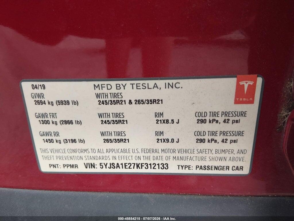 5YJSA1E27KF312133 2019 TESLA MODEL S photo no. 9