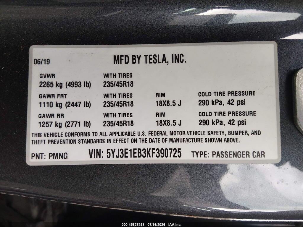5YJ3E1EB3KF390725 2019 TESLA MODEL 3 photo no. 9