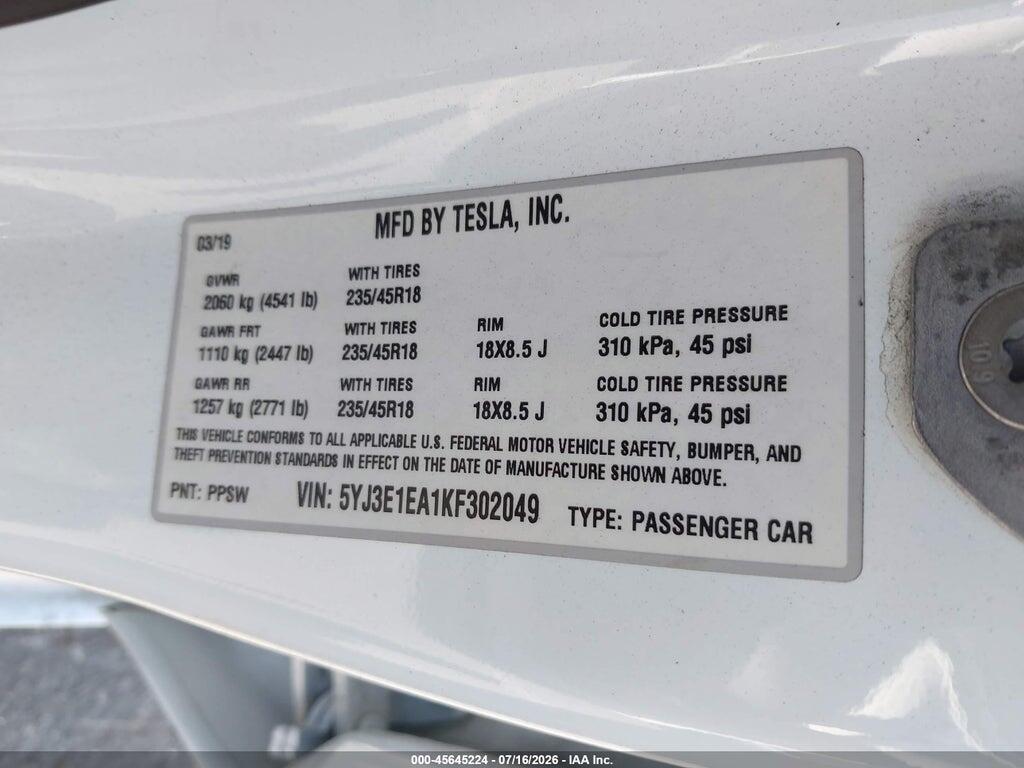 5YJ3E1EA1KF302049 2019 TESLA MODEL 3 photo no. 9
