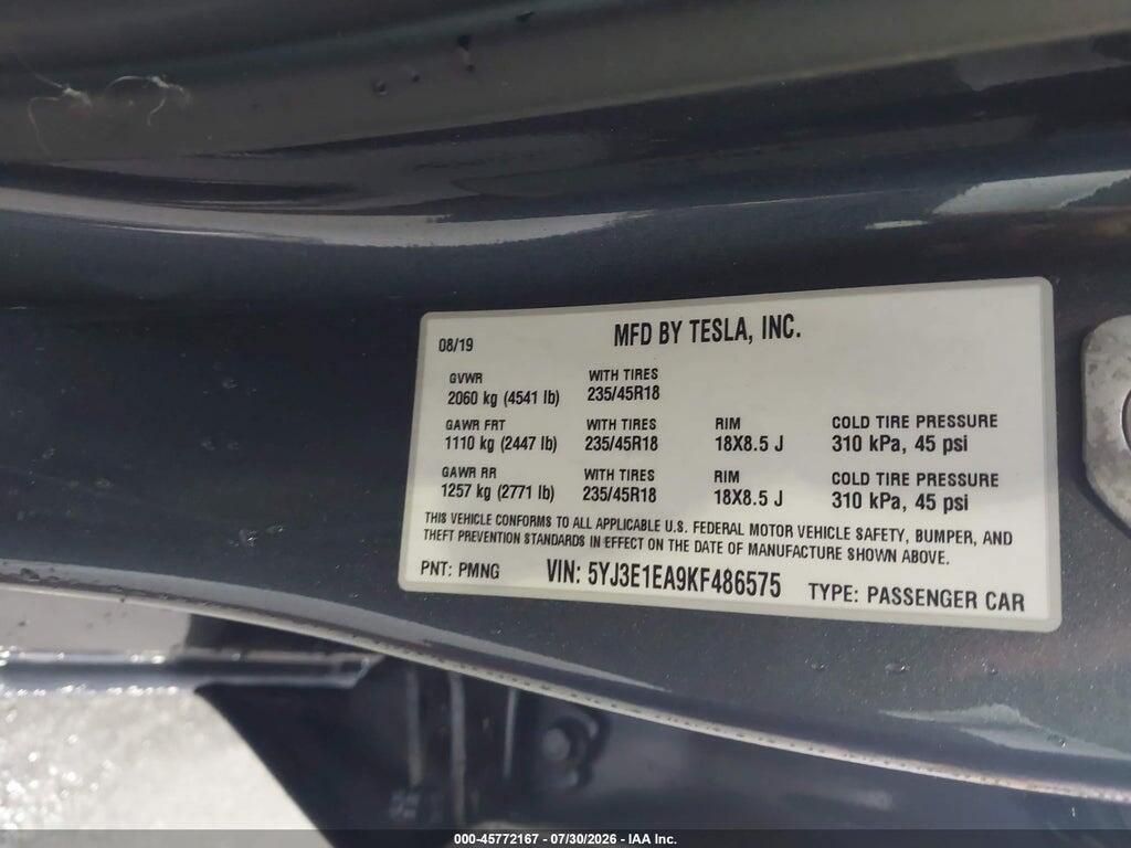 5YJ3E1EA9KF486575 2019 TESLA MODEL 3 photo no. 9