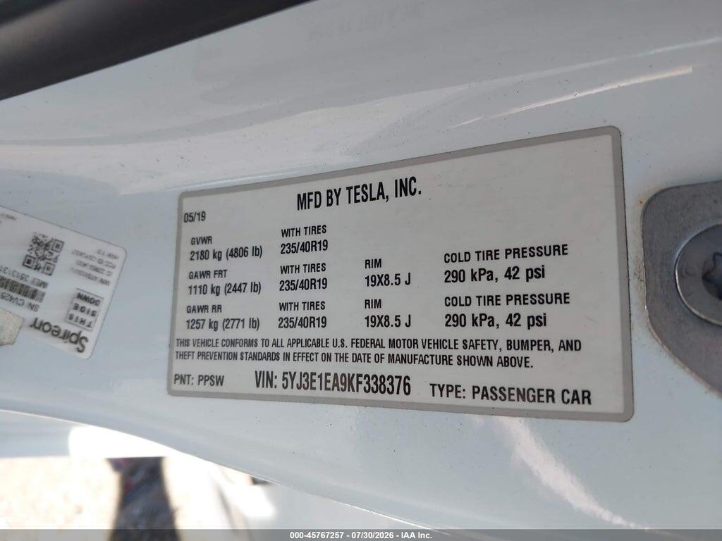 5YJ3E1EA9KF338376 2019 TESLA MODEL 3 photo no. 9