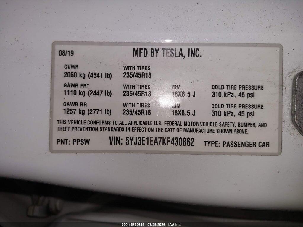 5YJ3E1EA7KF430862 2019 TESLA MODEL 3 photo no. 9