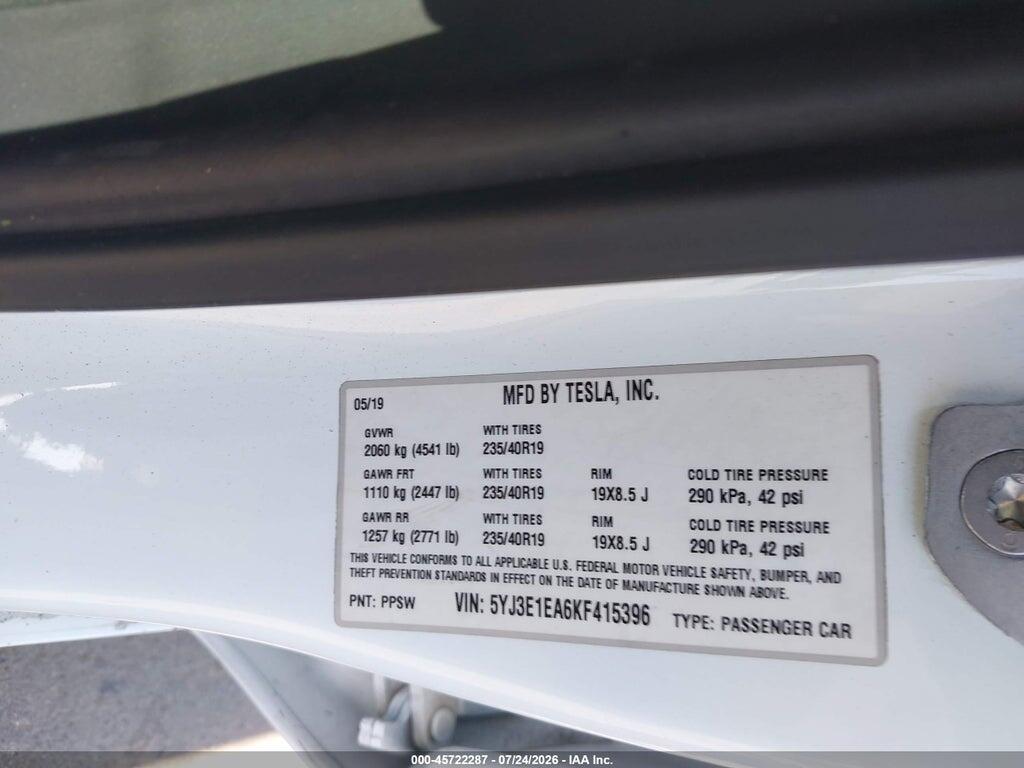 5YJ3E1EA6KF415396 2019 TESLA MODEL 3 photo no. 9
