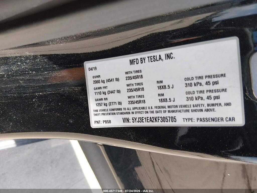 5YJ3E1EA2KF305705 2019 TESLA MODEL 3 photo no. 9