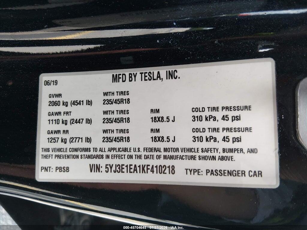 5YJ3E1EA1KF410218 2019 TESLA MODEL 3 photo no. 9