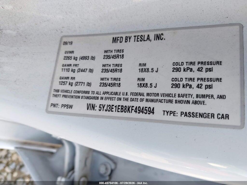5YJ3E1EB8KF494594 2019 TESLA MODEL 3 photo no. 9