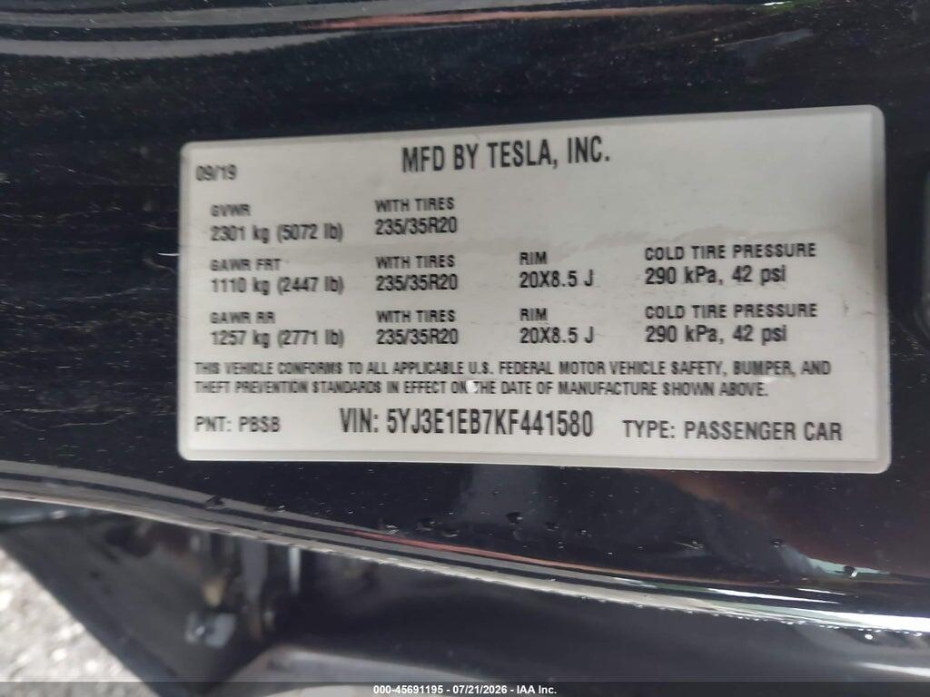5YJ3E1EB7KF441580 2019 TESLA MODEL 3 photo no. 8