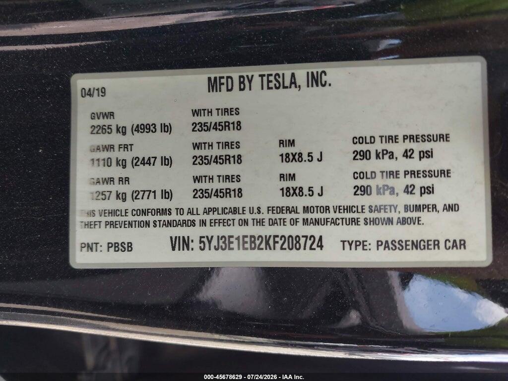 5YJ3E1EB2KF208724 2019 TESLA MODEL 3 photo no. 9