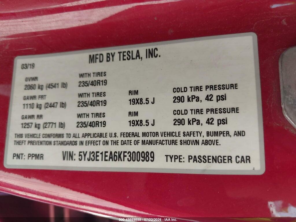 5YJ3E1EA6KF300989 2019 TESLA MODEL 3 photo no. 9