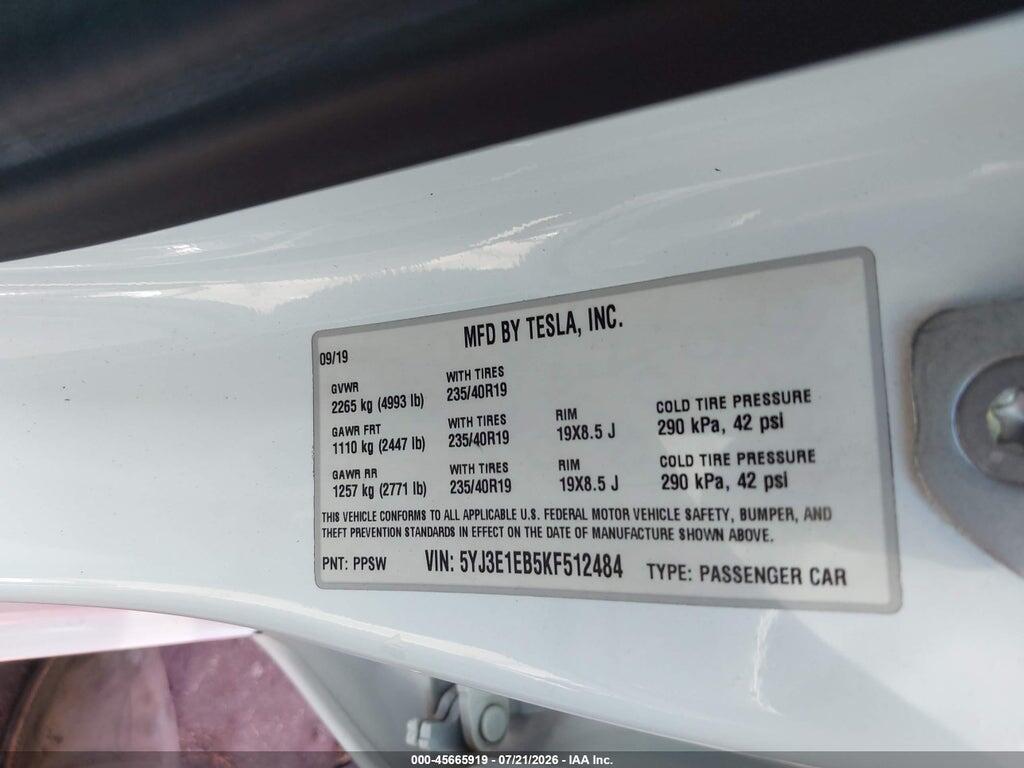 5YJ3E1EB5KF512484 2019 TESLA MODEL 3 photo no. 9