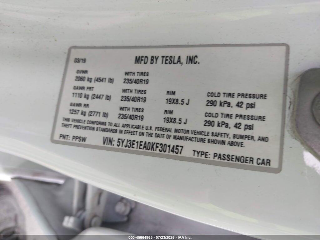 5YJ3E1EA0KF301457 2019 TESLA MODEL 3 photo no. 9
