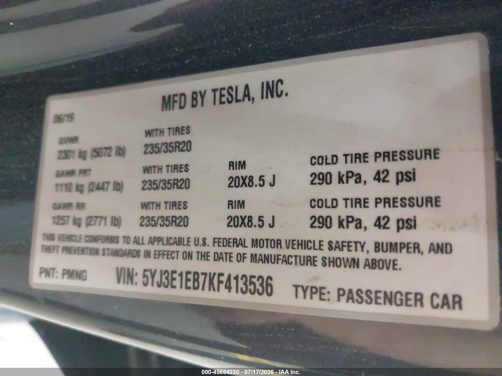 5YJ3E1EB7KF413536 2019 TESLA MODEL 3 photo no. 9