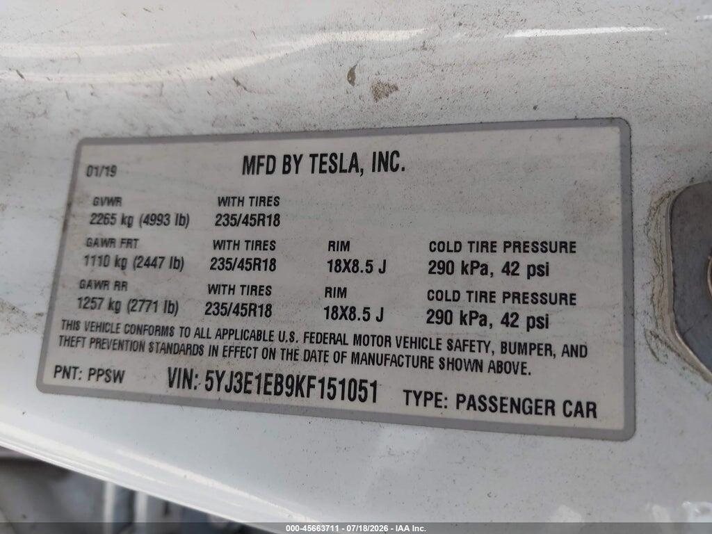 5YJ3E1EB9KF151051 2019 TESLA MODEL 3 photo no. 9