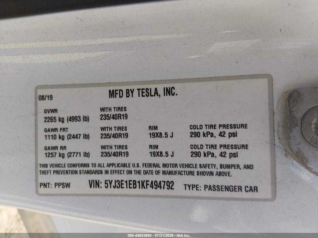 5YJ3E1EB1KF494792 2019 TESLA MODEL 3 photo no. 9