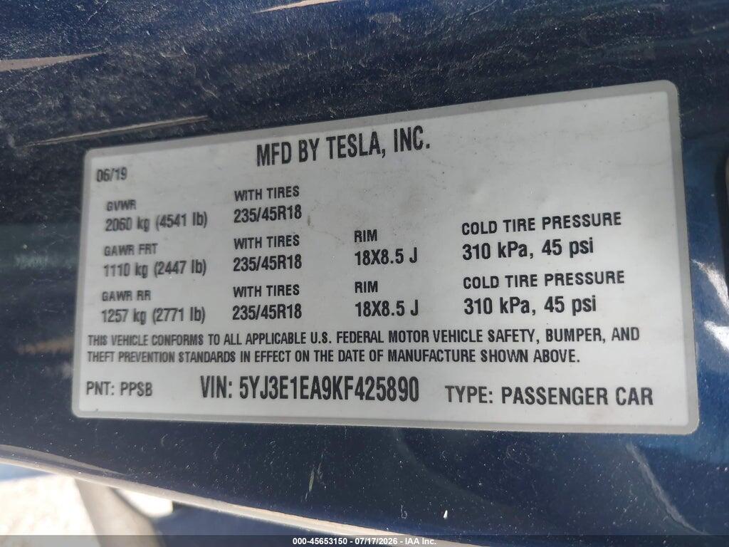 5YJ3E1EA9KF425890 2019 TESLA MODEL 3 photo no. 9