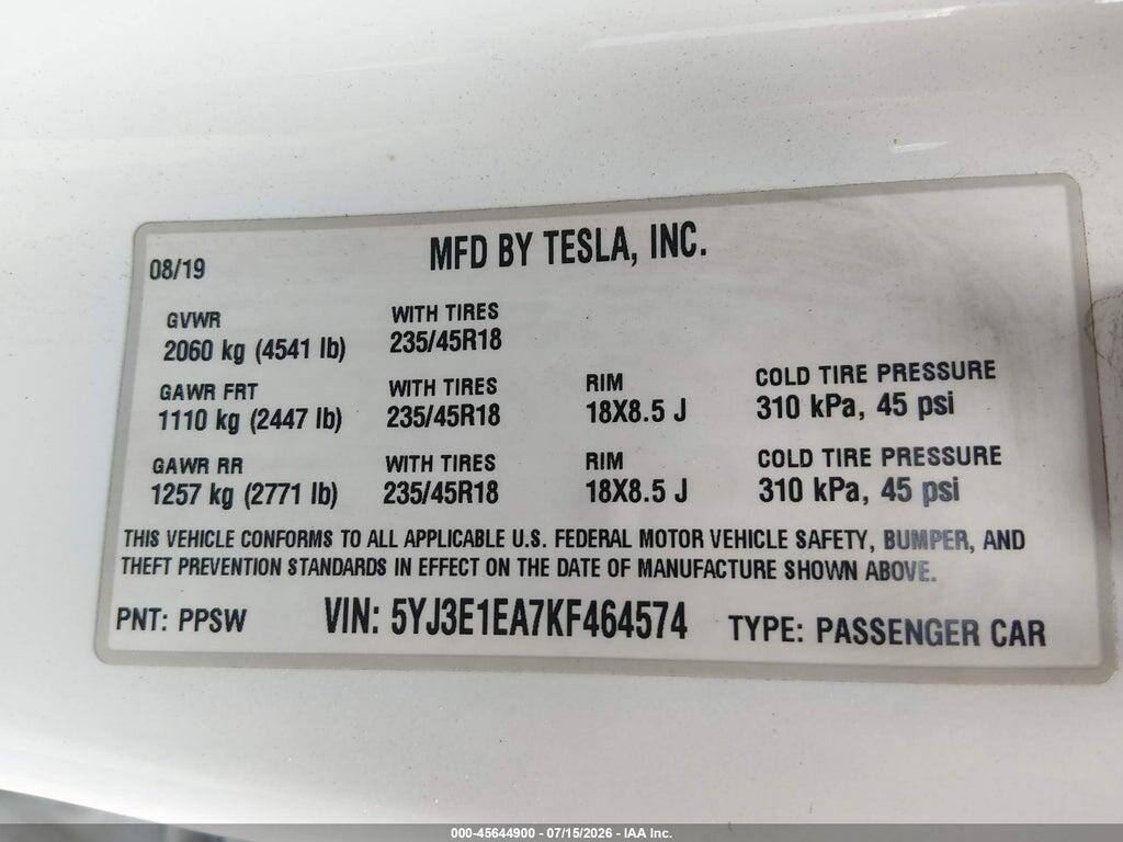 5YJ3E1EA7KF464574 2019 TESLA MODEL 3 photo no. 9
