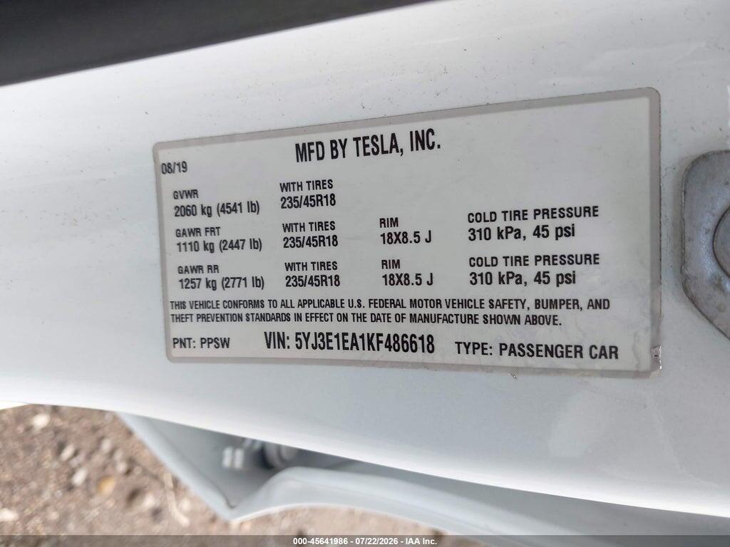 5YJ3E1EA1KF486618 2019 TESLA MODEL 3 photo no. 9