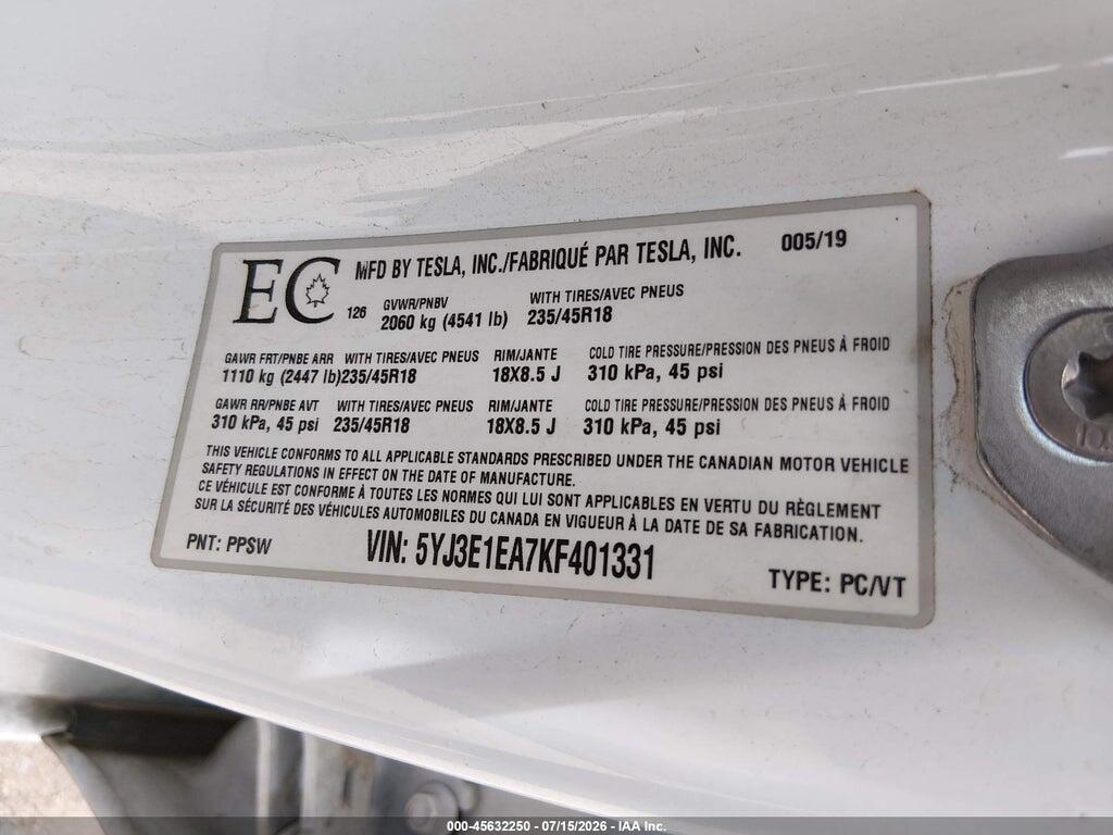 5YJ3E1EA7KF401331 2019 TESLA MODEL 3 photo no. 9
