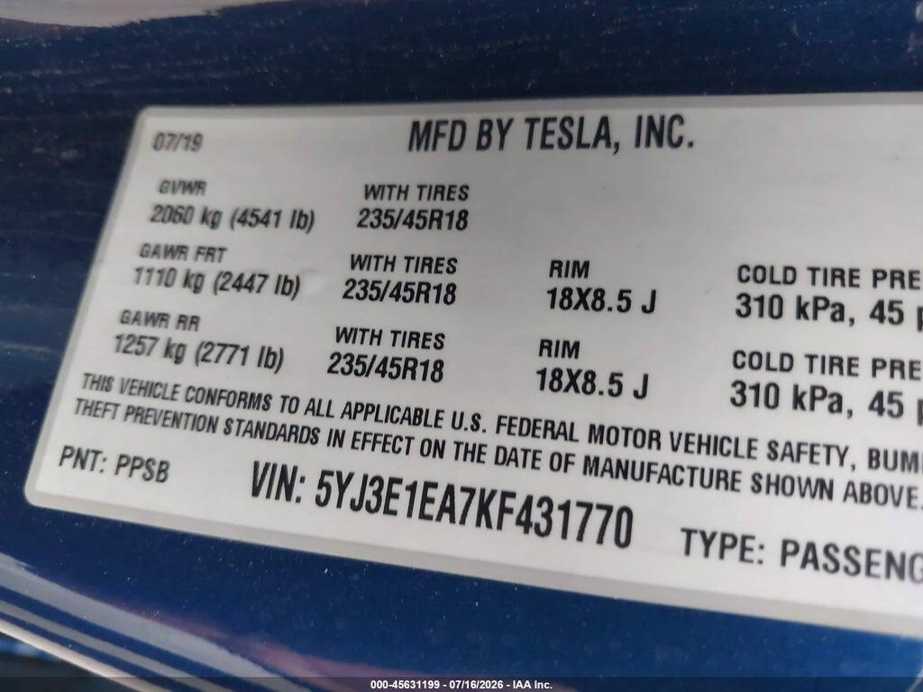 5YJ3E1EA7KF431770 2019 TESLA MODEL 3 photo no. 9