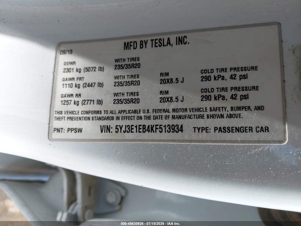 5YJ3E1EB4KF513934 2019 TESLA MODEL 3 photo no. 9