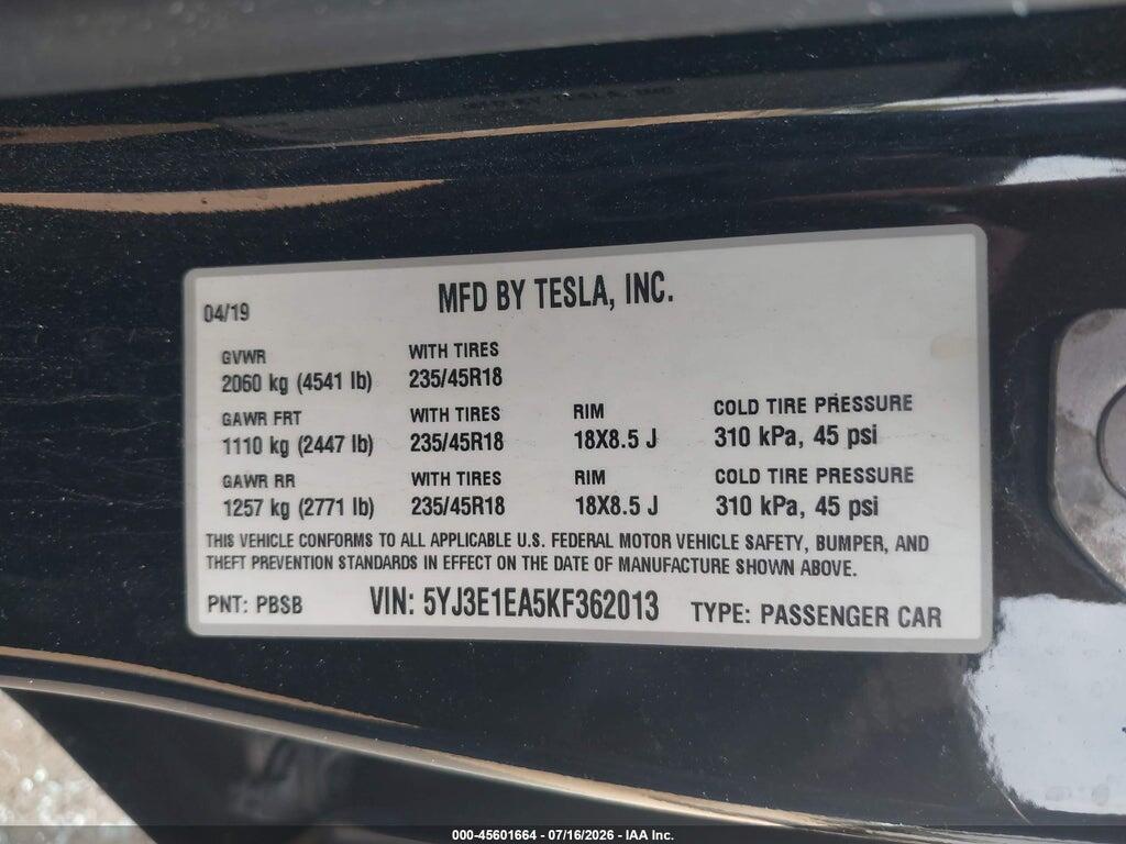 5YJ3E1EA5KF362013 2019 TESLA MODEL 3 photo no. 9