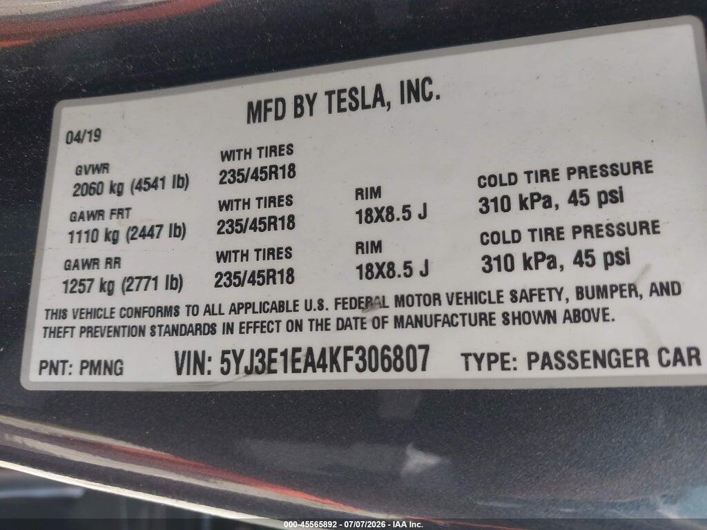5YJ3E1EA4KF306807 2019 TESLA MODEL 3 photo no. 9