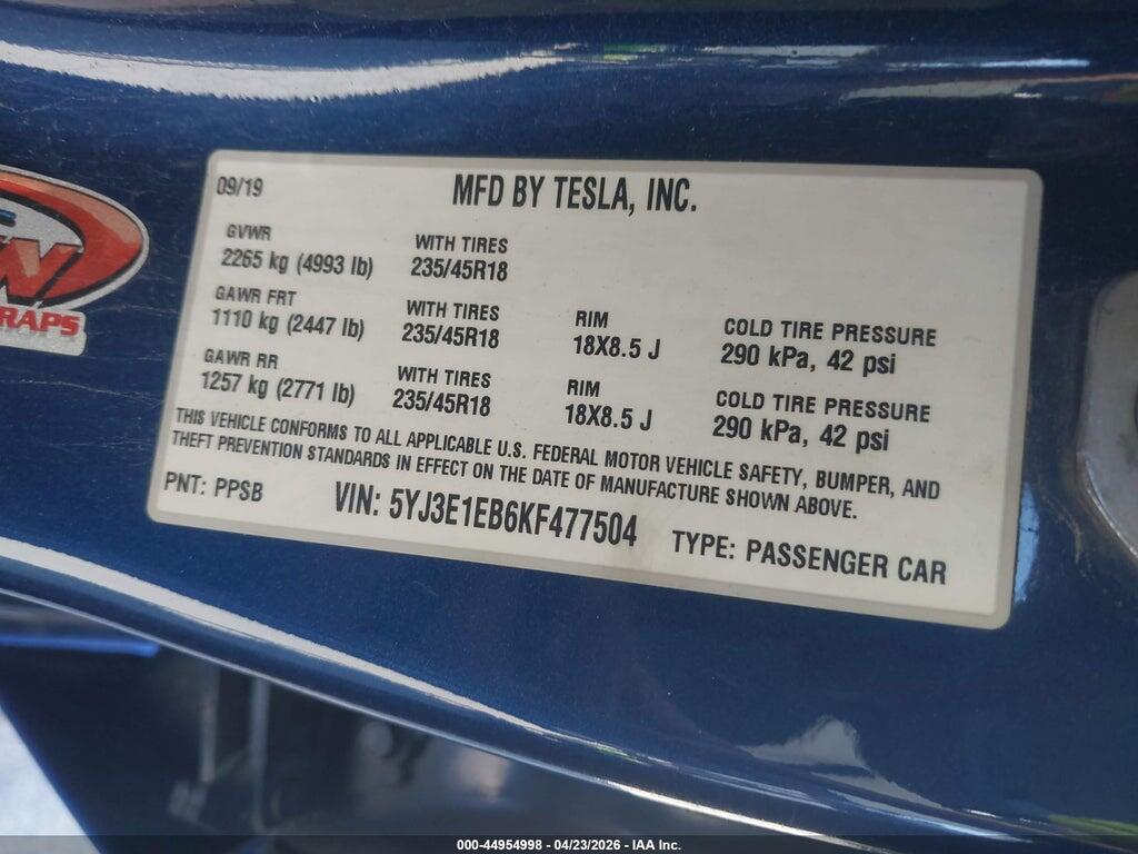 5YJ3E1EB6KF477504 2019 TESLA MODEL 3 photo no. 9