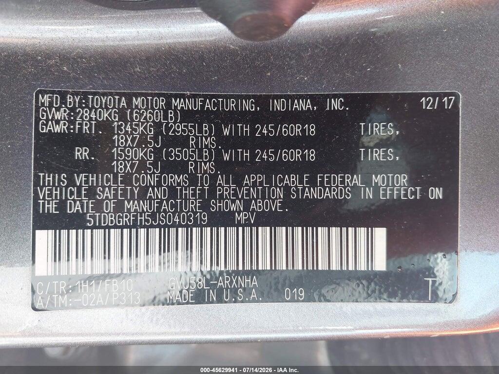 5TDBGRFH5JS040319 2018 TOYOTA HIGHLANDER HYBRID photo no. 9