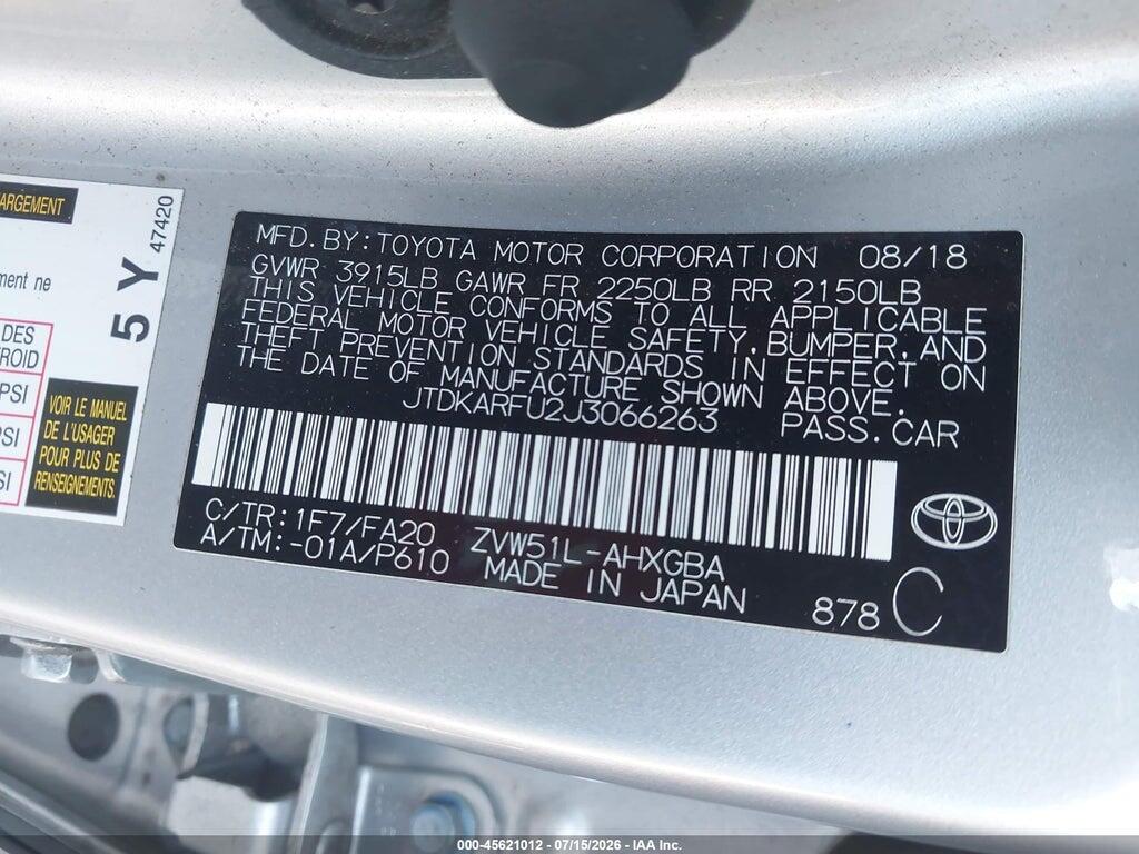 JTDKARFU2J3066263 2018 TOYOTA PRIUS photo no. 9