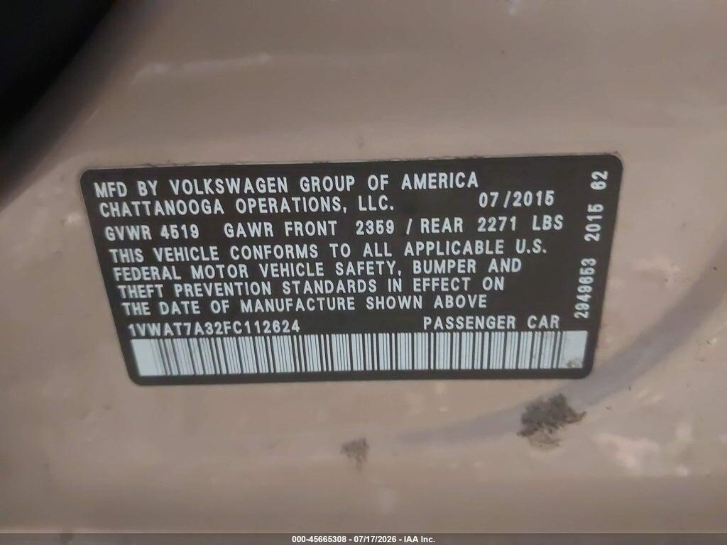 1VWAT7A32FC112624 2015 VOLKSWAGEN PASSAT photo no. 9