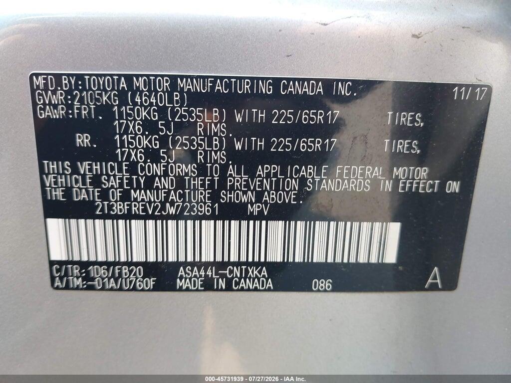 2T3BFREV2JW723961 2018 TOYOTA RAV4 photo no. 9