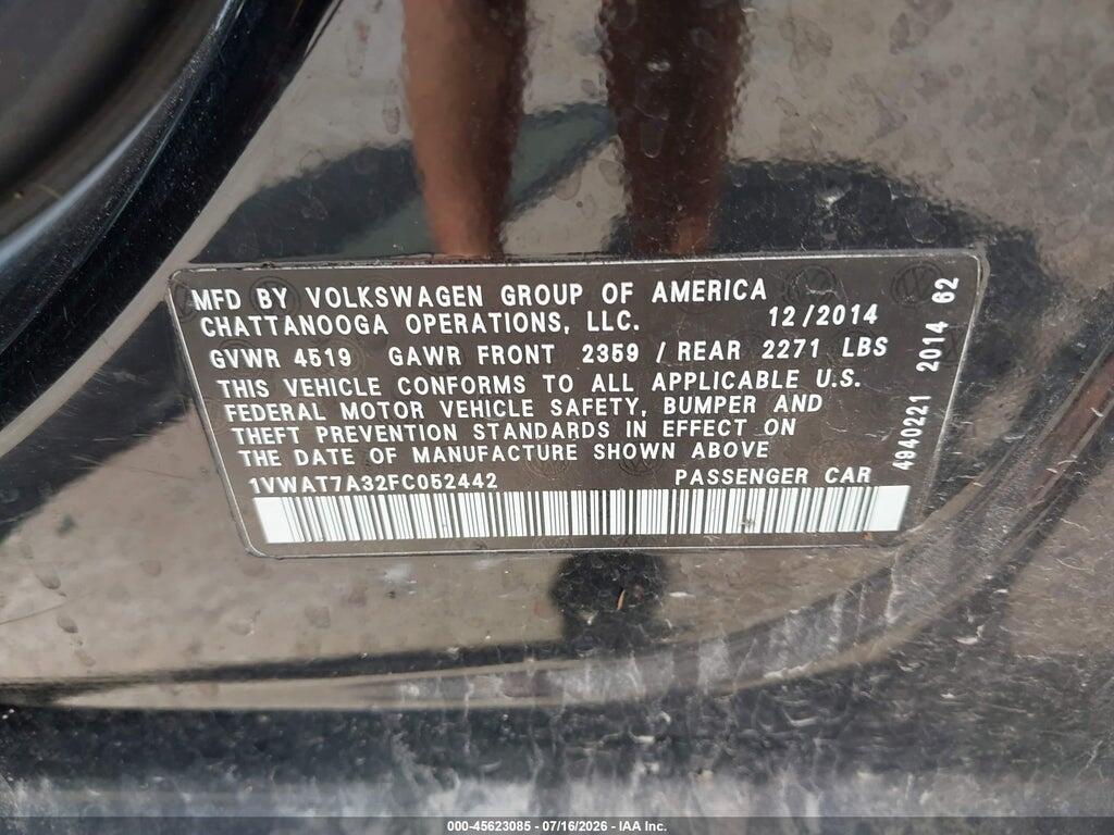 1VWAT7A32FC052442 2015 VOLKSWAGEN PASSAT photo no. 9