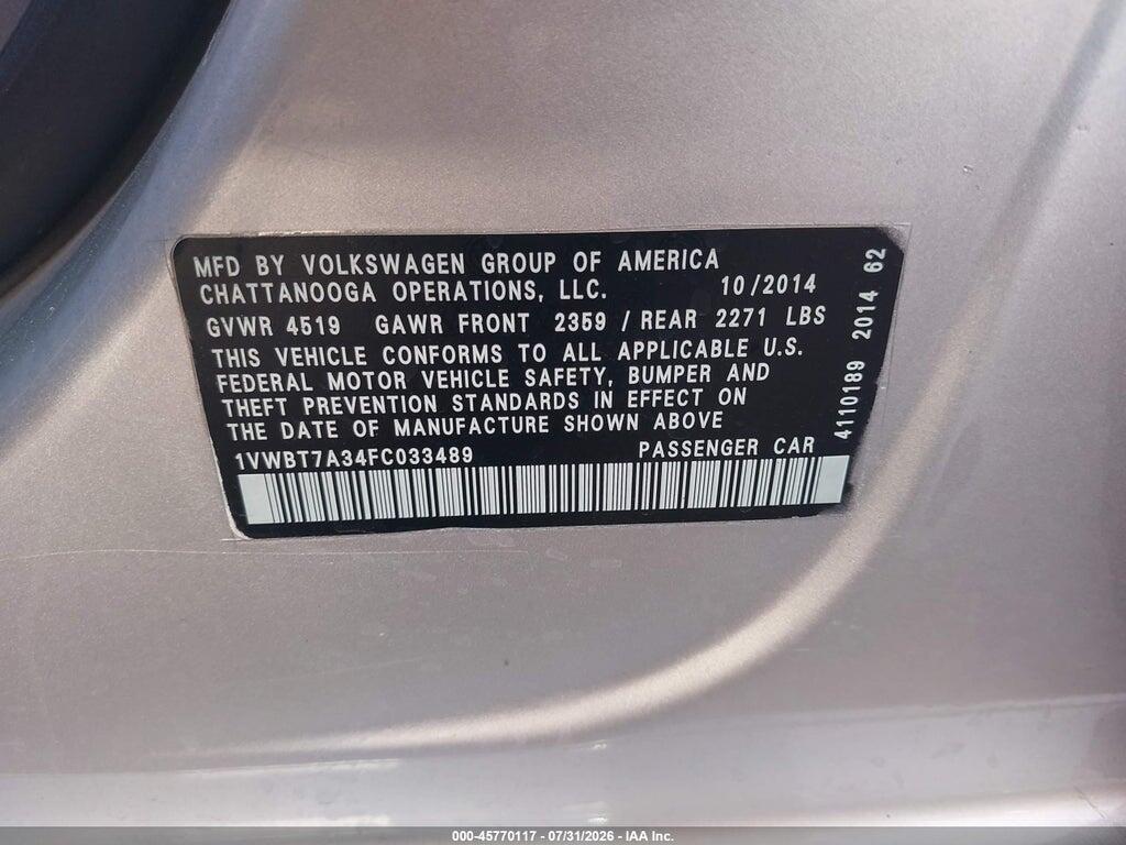 1VWBT7A34FC033489 2015 VOLKSWAGEN PASSAT photo no. 9