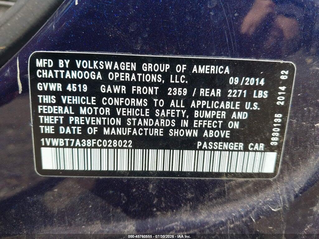 1VWBT7A38FC028022 2015 VOLKSWAGEN PASSAT photo no. 9