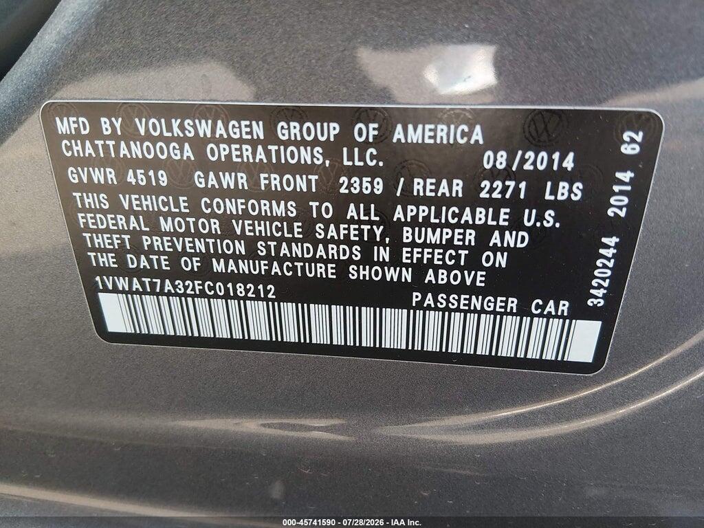 1VWAT7A32FC018212 2015 VOLKSWAGEN PASSAT photo no. 9