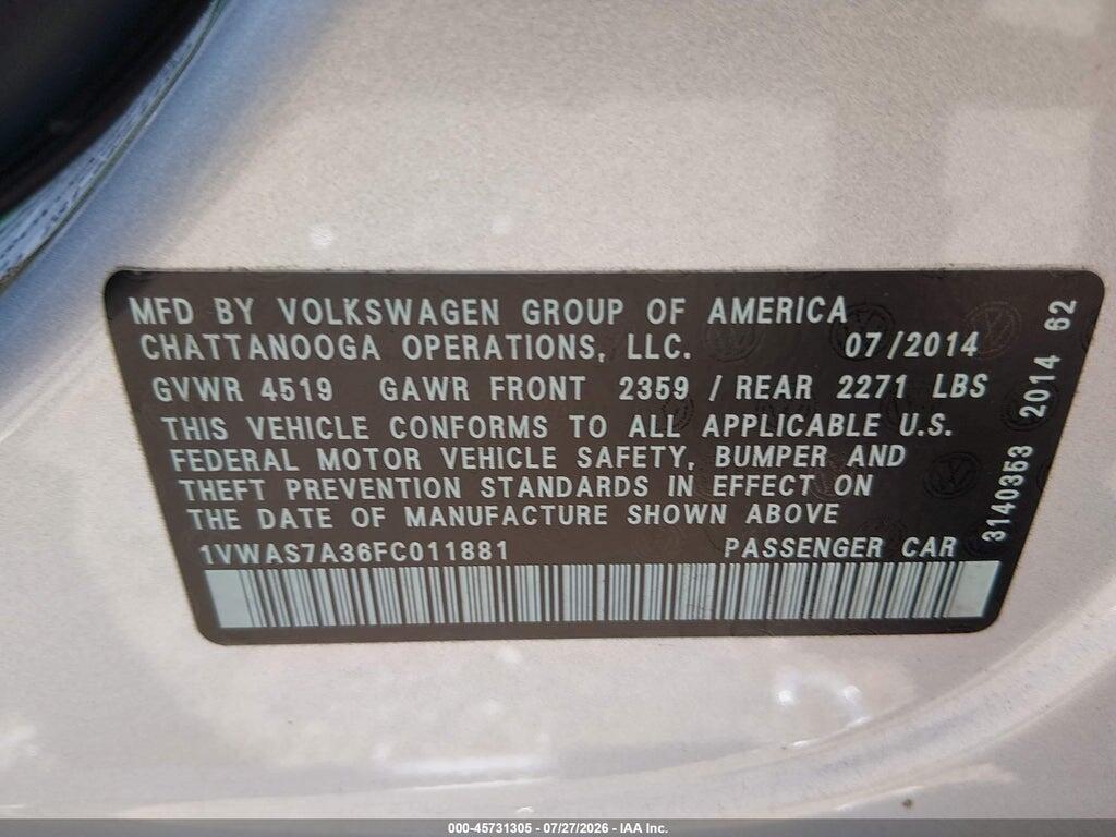 1VWAS7A36FC011881 2015 VOLKSWAGEN PASSAT photo no. 9