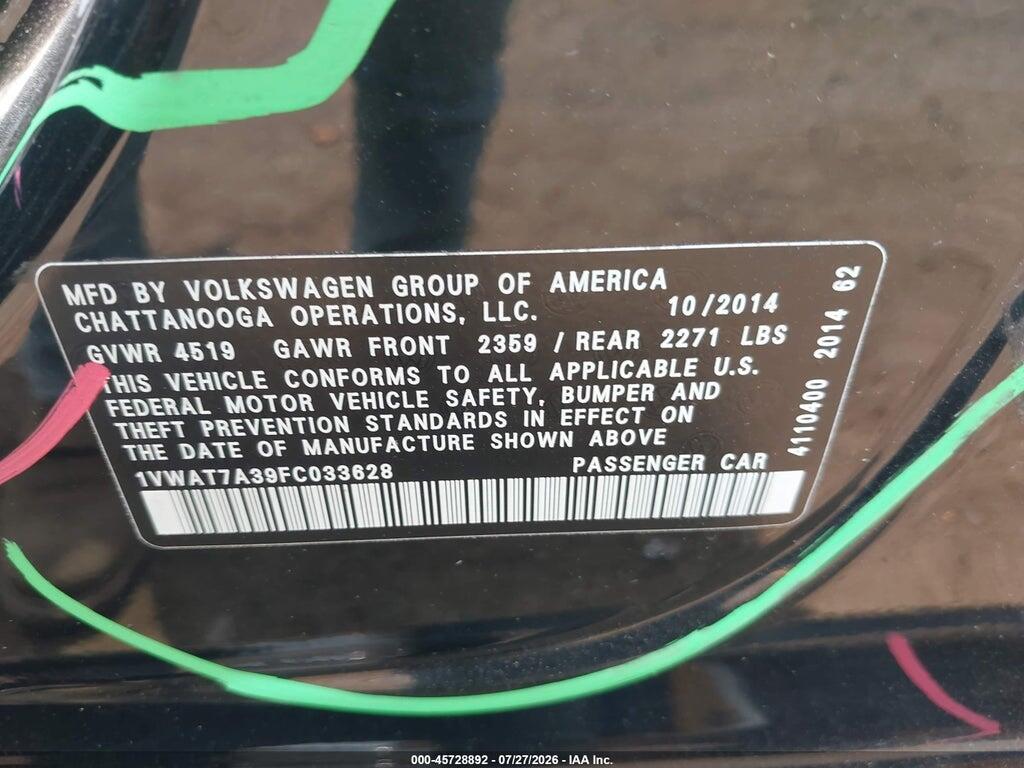 1VWAT7A39FC033628 2015 VOLKSWAGEN PASSAT photo no. 9