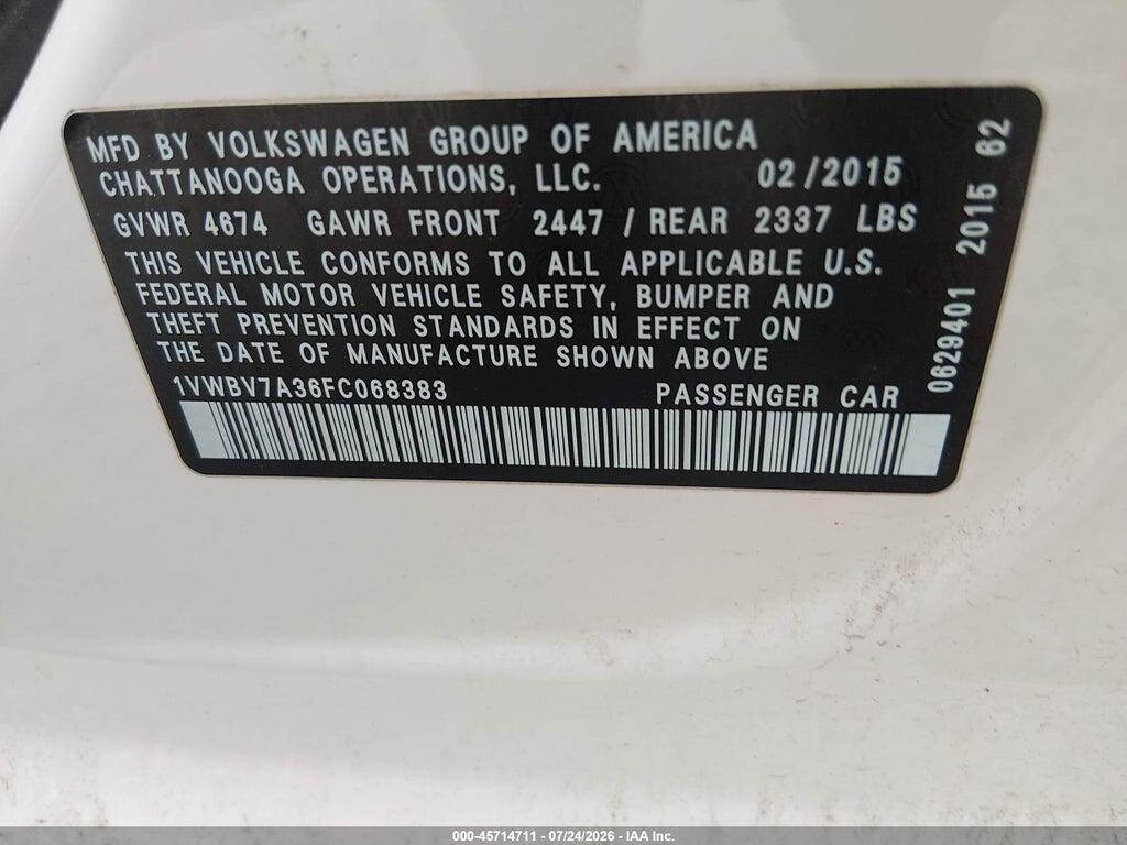 1VWBV7A36FC068383 2015 VOLKSWAGEN PASSAT photo no. 9