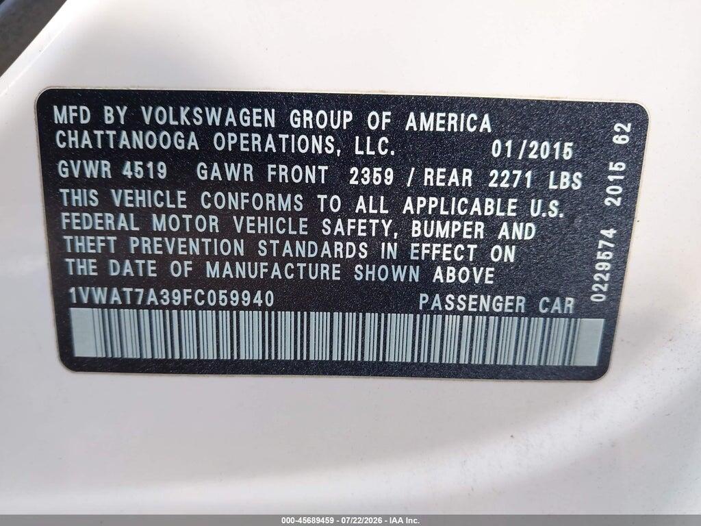 1VWAT7A39FC059940 2015 VOLKSWAGEN PASSAT photo no. 9