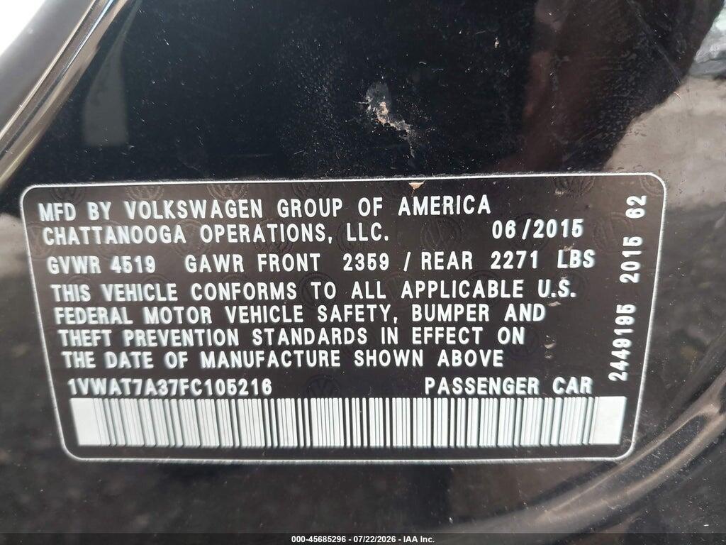 1VWAT7A37FC105216 2015 VOLKSWAGEN PASSAT photo no. 9