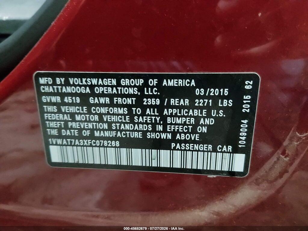 1VWAT7A3XFC078268 2015 VOLKSWAGEN PASSAT photo no. 9